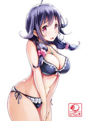 Rule 34 | 10s, 1girl, ahoge, bikini, breasts, jewelry, kantai collection, large breasts, long hair, looking at viewer, moupii (hitsuji no ki), necklace, open mouth, pink eyes, purple hair, solo, string bikini, swimsuit, taigei (kancolle), twintails