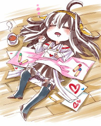 Rule 34 | 10s, 1girl, ahoge, bad id, bad pixiv id, bare shoulders, boots, brown hair, crayon, cup, detached sleeves, double bun, drooling, hairband, headgear, heart, japanese clothes, kantai collection, kongou (kancolle), letter, long hair, love letter, nontraditional miko, personification, senmu (0107), sleeping, solo, teacup, thigh boots, thighhighs