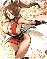 Rule 34 | 1girl, bakuya, bare shoulders, bouncing breasts, breasts, brown eyes, brown hair, curvy, fatal fury, highres, huge breasts, pelvic curtain, ponytail, revealing clothes, shiranui mai, sketch, smile, snk, solo, the king of fighters