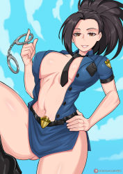 Rule 34 | 1girl, belt, between breasts, black hair, boku no hero academia, breasts, brown eyes, cuffs, hair pulled back, hand on own hip, handcuffs, large breasts, looking at viewer, navel, necktie, necktie between breasts, no bra, open clothes, open shirt, parted lips, police, police uniform, ponytail, redjet, short sleeves, smile, solo, uniform, yaoyorozu momo