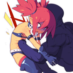 Rule 34 | 1boy, 1girl, bad id, bad pixiv id, bare shoulders, demon girl, disgaea, earrings, etna (disgaea), flat chest, gloves, jewelry, makai senki disgaea, metata, open mouth, pointy ears, punching, red eyes, red hair, ryona, saliva, short hair, simple background, skull earrings, solo focus, stomach punch, twintails, white background