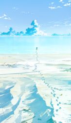 Rule 34 | 1girl, barefoot, beach, brown hair, day, dress, footprints, highres, long hair, loundraw, original, scenery, signature, sky, solo, water, white dress