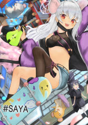 Rule 34 | 2girls, absurdres, animal ears, blue archive, blurry, blurry background, blush, breasts, casual, chinese clothes, commentary request, fang, green eyes, gyamu (chewing-gum), halo, hashtag, highres, huge filesize, jacket, medium breasts, mouse (animal), mouse ears, mouse tail, multiple girls, nezusuke (blue archive), open mouth, red eyes, saya (blue archive), saya (casual) (blue archive), shorts, shun (blue archive), shun (small) (blue archive), skateboard, tail