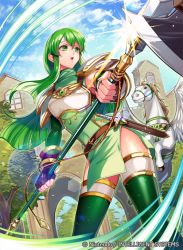 Rule 34 | 1girl, armor, belt, bracelet, breastplate, cloud, cloudy sky, company connection, copyright name, day, elbow gloves, feathered wings, fingerless gloves, fingernails, fire emblem, fire emblem: mystery of the emblem, fire emblem cipher, gloves, green hair, headband, holding, holding weapon, jewelry, long hair, matsurika youko, nintendo, official art, open mouth, outdoors, palla (fire emblem), pegasus, polearm, sheath, sheathed, shiny clothes, shiny skin, shoulder armor, sidelocks, sky, spear, sword, thighhighs, tree, turtleneck, weapon, wings, zettai ryouiki