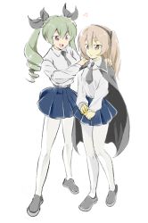 Rule 34 | 10s, 2girls, alternate costume, anchovy (girls und panzer), anzio school uniform, beamed eighth notes, belt, black belt, black cape, black footwear, black neckwear, black ribbon, black skirt, borrowed clothes, brown eyes, cape, dress shirt, drill hair, full body, girls und panzer, green hair, hair ribbon, hands on another&#039;s shoulders, light brown hair, loafers, long hair, long sleeves, looking at another, miniskirt, moekichi, multiple girls, musical note, necktie, open mouth, pantyhose, parted lips, pleated skirt, red eyes, ribbon, school uniform, shimada arisu, shirt, shoes, side ponytail, simple background, skirt, smile, standing, twin drills, twintails, white background, white legwear, white shirt, wing collar