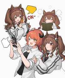 Rule 34 | 2girls, :d, = =, ahoge, angelina (arknights), animal ears, arknights, bad id, bad twitter id, black shirt, blush, book, brown eyes, brown hair, cellphone, closed eyes, croissant (arknights), eojjeodagaileohgedwaessji, fox ears, grey background, grey jacket, hairband, highres, holding, holding book, holding phone, horns, jacket, long hair, long sleeves, multiple girls, multiple views, open clothes, open mouth, open shirt, phone, red hairband, shirt, simple background, smile, twintails, wing collar, yellow eyes