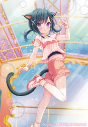 Rule 34 | 1girl, ahoge, animal ears, bandaid, bandaid on arm, black hair, breasts, brown shorts, cardfight!! vanguard, cat ears, cat girl, cat tail, character request, copyright notice, feet out of frame, hair ornament, hairclip, indoors, long hair, looking at viewer, low twintails, official art, pink shirt, purple eyes, ribbed legwear, shirt, shoes, short shorts, short sleeves, shorts, small breasts, socks, solo, standing, standing on one leg, sweat, sweatband, tail, twintails, twisted torso, v-shaped eyebrows, watermark, white footwear, white socks, wristband, x hair ornament, yuuki rika