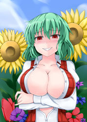 Rule 34 | 1girl, blush, breasts, cleavage, crossed arms, day, female focus, flower, green hair, grin, kazami yuuka, large breasts, oga raito, ogakuzu, open clothes, open shirt, red eyes, shirt, short hair, sky, smile, solo, sunflower, touhou