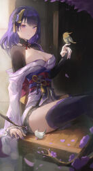 Rule 34 | 1girl, absurdres, arm support, bird, bird on hand, breasts, cleavage, commentary request, genshin impact, hair ornament, highres, large breasts, long hair, looking at viewer, nail polish, obi, off shoulder, purple eyes, purple hair, purple nails, purple thighhighs, raiden shogun, red sash, sash, shrug (clothing), sitting, smile, solo, thighhighs, thighs, yonesdraws