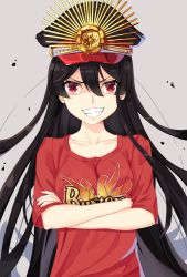 Rule 34 | 1girl, bad id, bad pixiv id, black hair, black hat, breasts, clothes writing, collarbone, commentary request, crossed arms, family crest, fate/grand order, fate (series), grey background, grin, hair between eyes, hat, highres, koha-ace, long hair, looking at viewer, military hat, oda nobunaga (fate), oda nobunaga (koha-ace), oda uri, peaked cap, red eyes, red shirt, shaded face, shadow, shirt, short sleeves, small breasts, smile, solo, sutei (xfzdarkt), v-shaped eyebrows, very long hair