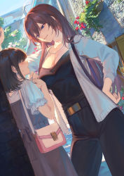 Rule 34 | 2girls, bag, belt, black hair, blue eyes, blush, breasts, brown hair, building, cleavage, collarbone, commentary request, day, flower, grin, hair over eyes, hand on own hip, handbag, height difference, high-waist pants, highres, jewelry, kabedon, large breasts, leaf, long hair, looking at another, looking down, mashuu (neko no oyashiro), medium hair, multiple girls, necklace, oomikado aoi, original, outdoors, pants, parted bangs, plant, red flower, revision, sky, smile, sunlight, sweat, yuri