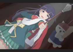 Rule 34 | 1girl, :d, absurdres, aqua jacket, belt, black hair, blue eyes, blunt bangs, blunt ends, commentary request, cowboy shot, crust gm0, curtains, fur-trimmed jacket, fur trim, green skirt, hand on own arm, hands up, highres, holding, holding weapon, indoors, jacket, jacket on shoulders, letterboxed, light particles, long hair, long sleeves, looking at viewer, mace, miniskirt, open mouth, outstretched arm, pleated skirt, red jacket, red sash, sash, shirt, shoujo kageki revue starlight, shoulder sash, sidelocks, single stripe, skirt, smile, solo, standing, striped clothes, striped skirt, tsuyuzaki mahiru, two side up, weapon, white shirt, yellow belt