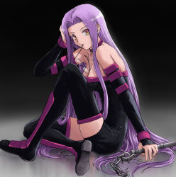 Rule 34 | 00s, 1girl, bare shoulders, boots, breasts, chain, collar, detached sleeves, dress, fate/stay night, fate (series), glasses, gradient background, hand on own head, long hair, medium breasts, medusa (fate), medusa (rider) (fate), mouth hold, nameless dagger (fate), purple hair, sitting, solo, square pupils, strapless, strapless dress, thigh boots, thighhighs, tsuyadashi shuuji, very long hair, weapon, yellow eyes