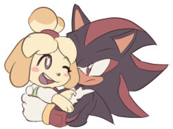 Rule 34 | 1boy, 1girl, animal crossing, animal ears, blush stickers, crossover, dog ears, furry, furry female, furry male, gloves, isabelle (animal crossing), nintendo, one eye closed, open mouth, quark196, red eyes, shadow the hedgehog, smile, sonic (series), white gloves, yellow fur