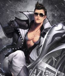 Rule 34 | 1boy, aviator sunglasses, boots, brown hair, card (medium), chaos online, jacket, kanzel (chaos online), looking at viewer, love cacao, male focus, motor vehicle, motorcycle, official art, open clothes, open jacket, pants, short hair, solo, sunglasses, vehicle, white pants