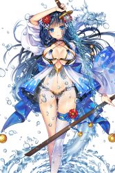 Rule 34 | 1girl, bell, blue eyes, blue hair, breasts, choker, dragon, flower, frown, hair flower, hair ornament, highres, katana, large breasts, long hair, looking at viewer, matching hair/eyes, midriff, navel, non-web source, ratise, sammy (soccer spirits), sheath, single thighhigh, soccer spirits, solo, sword, thigh gap, thighhighs, transparent background, unsheathed, water, weapon, white thighhighs