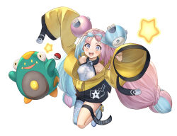 Rule 34 | 1girl, :d, bellibolt, blush, boots, breasts, character hair ornament, collarbone, commentary request, creatures (company), game freak, green hair, grey footwear, grey pantyhose, hair ornament, happy, highres, huanghyy, iono (pokemon), jacket, multicolored hair, nintendo, open mouth, pantyhose, pink hair, poke ball, poke ball (basic), pokemon, pokemon (creature), pokemon sv, sharp teeth, shirt, single leg pantyhose, sleeveless, sleeveless shirt, small breasts, smile, solo, star (symbol), star print, teeth, tongue, two-tone hair, upper teeth only, yellow jacket