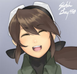 Rule 34 | 1girl, ^ ^, borrowed character, bow, brown hair, closed eyes, eu03, goggles, goggles on head, hair bow, happy, long hair, original, plume (junkpuyo), ponytail, portrait, smile, solo