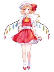 Rule 34 | 1girl, absurdres, ascot, blonde hair, blush, bow, closed mouth, commentary request, crystal, fang, fang out, flandre scarlet, frilled shirt collar, frills, full body, hat, hat bow, highres, long hair, looking at viewer, mob cap, moko (mokochisa), one side up, petticoat, pleated skirt, puffy short sleeves, puffy sleeves, red bow, red eyes, red footwear, red skirt, red vest, shirt, shoes, short sleeves, simple background, skirt, skirt set, smile, socks, solo, standing, touhou, twitter username, vest, white background, white hat, white shirt, white socks, wings, yellow ascot