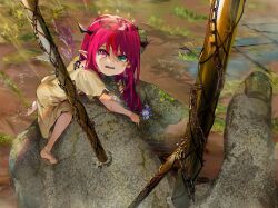 Rule 34 | + +, 1girl, aged down, aqua eyes, bare legs, brown dress, chain, child, commentary, dress, flower, funi mu9, halo, highres, hololive, hololive english, horns, hug, irys (hololive), long hair, looking at viewer, open mouth, pink eyes, red hair, solo, symbol-shaped pupils, virtual youtuber, wings