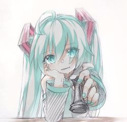 Rule 34 | 1girl, aqua eyes, aqua hair, bad id, bad twitter id, bare shoulders, blouse, chess piece, detached sleeves, diamond-shaped pupils, diamond (shape), elbows on table, hair ornament, hatching (texture), hatsune miku, head on hand, head rest, highres, long hair, looking at viewer, nail polish, necktie, nuko 0108, outstretched arm, queen (chess), shirt, sleeveless, sleeveless shirt, smile, solo, symbol-shaped pupils, table, twintails, very long hair, vocaloid
