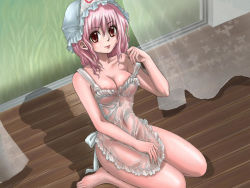 Rule 34 | 1girl, apron, breasts, female focus, hat, indoors, naked apron, nature, pink hair, plant, red eyes, saigyouji yuyuko, see-through, short hair, solo, touhou