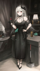 Rule 34 | 1girl, absurdres, alcohol, arknights, black choker, black dress, black gloves, black hair, bottle, bracelet, breasts, candle, choker, cleavage, closed mouth, cup, curtains, desk lamp, detached sleeves, dress, drinking glass, earrings, flower, full body, gloves, gradient hair, green flower, grey hair, hammer, hand on own hip, highres, holding, holding cup, horns, indoors, jewelry, lamp, large breasts, looking at viewer, mudrock (arknights), mudrock (obsidian) (arknights), multicolored hair, namikare, necklace, official alternate costume, petals, pointy ears, red eyes, short sleeves, single glove, solo, standing, table, wine, wine glass