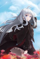 Rule 34 | 1girl, absurdres, ahoge, black capelet, black coat, black skirt, blue eyes, blurry, blurry foreground, capelet, closed mouth, coat, day, elaina (majo no tabitabi), field, floating hair, flower, flower field, grey hair, hand in own hair, highres, k0i koi (koihm18), long hair, long sleeves, looking at viewer, looking back, majo no tabitabi, open clothes, open coat, outdoors, red flower, skirt, smile, solo, standing, very long hair