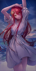 Rule 34 | 1girl, absurdres, arms up, beach, blue sky, dress, evening, eyes visible through hair, flower, frilled sleeves, frills, fu u03, hair flower, hair ornament, hair over one eye, highres, long hair, looking at viewer, ocean, original, outdoors, parted lips, red hair, rose, short sleeves, sky, smile, solo, very long hair, water, white dress, yellow eyes, yellow flower, yellow rose