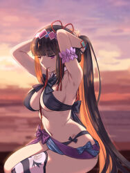 1girl arm_garter armpits arms_up bare_shoulders beach bikini black_bikini blush breasts brown_hair cleavage fate/grand_order fate_(series) flower gradient_sky hair_flower hair_ornament hairband halterneck highres large_breasts long_hair moriyama_daisuke mouth_hold orange_sky osakabehime_(fate) osakabehime_(swimsuit_archer)_(fate) osakabehime_(swimsuit_archer)_(third_ascension)_(fate) ponytail purple_eyes sash sidelocks single_thighhigh sky swimsuit thighhighs thighs twilight tying_hair very_long_hair white_thighhighs