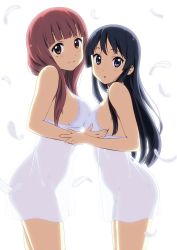Rule 34 | 2girls, akiyama mio, bare shoulders, black eyes, black hair, breast press, breasts, brown eyes, camisole, chemise, feathers, hayashi sachi, highres, k-on!, light smile, lingerie, long hair, looking at viewer, medium breasts, mole, mole under eye, multiple girls, no panties, non-web source, official style, qplus, qplus1, red hair, see-through, sideboob, source request, symmetrical docking, underwear, underwear only, yuri