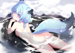 Rule 34 | 1girl, absurdres, animal ears, ass, back, blue archive, blue hair, blurry, blush, breasts, closed mouth, from behind, hair between eyes, highres, long hair, looking at viewer, looking back, medium breasts, nude, onsen, open mouth, outdoors, partially submerged, poppy (poppykakaka), purple eyes, red eyes, shigure (blue archive), shigure (hot spring) (blue archive), sideboob, sidelocks, smile, snow, solo, tail, very long hair, water, weasel ears, weasel girl, weasel tail, wet