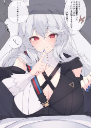 Rule 34 | 1boy, 1girl, absurdres, amiya (arknights), arknights, black dress, blue nails, blush, breast rest, breasts, chest harness, chunta, cleavage, cleavage cutout, clothing cutout, commentary, doctor (arknights), double-parted bangs, dress, finger to mouth, frilled sleeves, frills, from above, grey hair, harness, hetero, highres, index finger raised, large breasts, long hair, looking at viewer, male doctor (arknights), nail polish, parted lips, pov, red eyes, shushing, smile, solo, solo focus, specter (arknights), specter the unchained (arknights), speech bubble, sweatdrop, translated, two-tone dress, under table, upper body, white dress