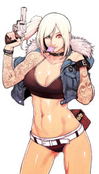 Rule 34 | 1girl, ammunition, belt, bikini, black nails, blonde hair, blue eyes, bracelet, breasts, choker, cleavage, condom, condom in mouth, cropped jacket, earrings, finger on trigger, fur trim, gluteal fold, gun, hair between eyes, handgun, heterochromia, holding, holding gun, holding weapon, jewelry, large breasts, lips, looking at viewer, mouth hold, nail polish, navel, original, psychicjin, red bikini, red eyes, revolver, short hair, side ponytail, simple background, solo, standing, studded bracelet, swimsuit, tattoo, weapon, white background