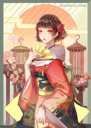 Rule 34 | 10s, 1girl, absurdres, alternate costume, blunt bangs, bracelet, braid, brown hair, cowboy shot, crown braid, floral background, flower, hair flower, hair ornament, hand fan, highres, holding, holding fan, japanese clothes, jewelry, looking at viewer, mozer (zerlinda), nail polish, niijima makoto, persona, persona 5, red eyes, red nails, rose, short hair, smile, solo, standing, traditional clothes