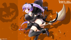 Rule 34 | 1girl, animal ears, ass, bare shoulders, bat (animal), black gloves, black panties, black thighhighs, blush, breasts, bridal garter, broom, candy, cat ears, cat tail, covered erect nipples, detached sleeves, food, gloves, hair ornament, hairclip, halloween, haru made kururu, hat, highres, jack-o&#039;-lantern, lace, lace-trimmed panties, lace trim, large breasts, lingerie, long hair, miki akio, open mouth, panties, ponytail, purple hair, ribbon, solo, tail, thighhighs, underwear, wallpaper, witch, witch hat