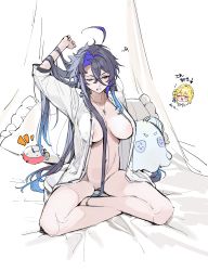 Rule 34 | 2girls, absurdres, ahoge, alarm clock, arm up, azur lane, bed sheet, blouse, breasts, breasts apart, character request, chibi, chibi inset, clock, cross, cross necklace, foch (azur lane), grey hair, hair between eyes, highres, indian style, jewelry, large breasts, long hair, multicolored hair, multiple girls, naked shirt, navel, necklace, necktie, notice lines, ohisashiburi, one eye closed, open clothes, open mouth, open shirt, pillow, purple hair, pussy, shirt, simple background, sitting, sketch, solo focus, squiggle, stuffed toy, teeth, very long hair, white background, white shirt