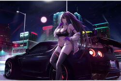 Rule 34 | 1girl, absurdres, black thighhighs, blunt bangs, breasts, building, car, car keys, choker, city, cityscape, cleavage, closed mouth, commentary, commission, english commentary, exhaust, exhaust pipe, full moon, gloves, hair ornament, hand on own hip, highres, holding, jacket, jacket partially removed, kcar66t, lamppost, large breasts, license plate, long hair, long sleeves, looking at viewer, mole, mole under eye, moon, motor vehicle, navel, night, night sky, nissan, nissan gt-r, original, outdoors, ponytail, purple choker, purple gloves, purple hair, red eyes, ryoko yamaguchi, sky, skyscraper, solo, spoiler (automobile), sports car, star (symbol), star hair ornament, thighhighs, very long hair, white jacket