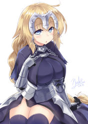 Rule 34 | 1girl, 2014, arm at side, armor, armored dress, blonde hair, blue eyes, braid, breasts, capelet, chain, cowboy shot, dated, fate/apocrypha, fate (series), faulds, gauntlets, groin, hair ornament, hair tie, hand on own chest, hand up, headpiece, highres, jeanne d&#039;arc (fate), jeanne d&#039;arc (ruler) (fate), large breasts, legs together, long hair, looking at viewer, open mouth, purple thighhighs, showgirl skirt, signature, simple background, single braid, sitting, solo, subaru (794829485), thighhighs, thighs, very long hair, white background