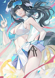 Rule 34 | 1girl, :d, absurdres, aqua nails, bare arms, bare shoulders, black hair, black panties, blue archive, breasts, cleavage, commentary request, cowboy shot, crop top, echj, facial mark, goggles, goggles on head, hand up, hibiki (blue archive), hibiki (cheer squad) (blue archive), highres, index finger raised, large breasts, long hair, looking at viewer, midriff, millennium cheerleader outfit (blue archive), miniskirt, nail polish, navel, open mouth, panties, pleated skirt, pom pom (cheerleading), side-tie panties, skirt, smile, solo, standing, star (symbol), stomach, tail, thighs, underwear, white skirt