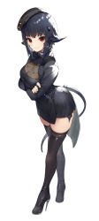 Rule 34 | 1girl, akizone, alternate costume, arms under breasts, ascot, au ra, beret, black ascot, black footwear, black hair, black hat, black thighhighs, boots, borrowed character, breasts, closed mouth, crossed arms, dress, fictional persona, final fantasy, final fantasy xiv, full body, hat, highres, horns, large breasts, long sleeves, looking at viewer, making-of available, original, red eyes, renz (rirene rn), scales, short dress, short hair, simple background, skirt, smile, solo, standing, tail, thigh boots, thighhighs, warrior of light (ff14), white background, zettai ryouiki