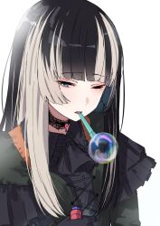 Rule 34 | 1girl, ascot, asymmetrical dress, black ascot, black gloves, black hair, blowing bubbles, blue eyes, blunt bangs, bocchi tamago, bubble pipe, choker, dress, gloves, gothic lolita, green dress, grey hair, hashtag-only commentary, highres, hololive, hololive dev is, juufuutei raden, lace, lace choker, lolita fashion, long hair, multicolored hair, one eye closed, simple background, solo, two-tone hair, upper body, virtual youtuber, white background