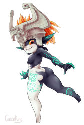 Rule 34 | 1girl, artist name, ass, belka dog, breasts, fang, from behind, helmet, highres, looking back, midna, monster girl, nintendo, nipples, nude, one eye covered, orange hair, pointy ears, pussy, red eyes, solo, the legend of zelda, the legend of zelda: twilight princess, uncensored, white background
