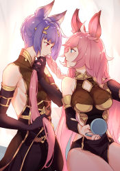 Rule 34 | 1boy, 1girl, absurdres, ahoge, aki663, animal ears, bare shoulders, blue eyes, blush, braid, breasts, brother and sister, couple, detached sleeves, elbow gloves, erune, eye contact, feower (granblue fantasy), gloves, grabbing another&#039;s hair, granblue fantasy, grin, hetero, highres, large breasts, long hair, looking at another, looking back, parted lips, pink hair, purple hair, red eyes, short hair, siblings, sitting, sleeveless, smile, standing, tien (granblue fantasy)