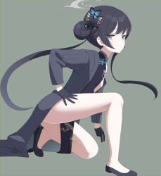 Rule 34 | 1girl, ass, black coat, black dress, black gloves, black hair, blue archive, butterfly hair ornament, china dress, chinese clothes, coat, commentary request, crouching, double bun, dress, eko, gloves, grey eyes, hair between eyes, hair bun, hair ornament, halo, highres, kisaki (blue archive), long hair, long sleeves, looking at viewer, on one knee, open clothes, open coat, pelvic curtain, side slit, sidelocks, simple background, sleeveless, solo, twintails