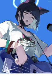 Rule 34 | 1girl, absurdres, animal ears, artist name, black choker, black hair, black mask, blue archive, blue background, blunt bangs, bracelet, cat ears, choker, colored inner hair, ear piercing, electric guitar, extra ears, gohanduck, green hair, guitar, highres, holding, holding plectrum, instrument, jewelry, kazusa (band) (blue archive), kazusa (blue archive), looking at viewer, mask, mask pull, microphone, mouth mask, multicolored hair, open mouth, piercing, plectrum, print shirt, shirt, short hair, simple background, solo, t-shirt, upper body, white shirt, yellow eyes