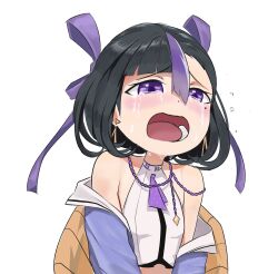 Rule 34 | 1girl, black hair, crop top, crying, crying with eyes open, goddess of victory: nikke, hair ribbon, highres, jacket, medium hair, mikkotine, multicolored hair, necktie, open mouth, purple eyes, purple hair, purple jacket, purple necktie, purple ribbon, ribbon, shirt, solo, streaked hair, syuen (nikke), tears, transparent background, upper body, white shirt