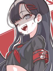 Rule 34 | 1girl, absurdres, armband, black eyes, black hair, black sailor collar, blue archive, false smile, hair ornament, hairclip, halo, highres, ichika (blue archive), long hair, long sleeves, neckerchief, one eye closed, open mouth, red armband, red halo, red neckerchief, safety pin, sailor collar, school uniform, serafuku, shaded face, shoeguy, smile, solo, upper body
