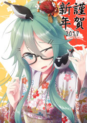 Rule 34 | 10s, 1girl, 2017, ;d, alternate costume, animal, animal on head, animal on shoulder, bespectacled, bird, bird on head, bird on shoulder, black-framed eyewear, black eyes, blush, floral background, floral print, flower, glasses, green eyes, green hair, hair between eyes, hair flower, hair ornament, hairclip, japanese clothes, kantai collection, kimono, long hair, long sleeves, looking at viewer, nekobaka, on head, one eye closed, open mouth, pecking, red flower, sash, sidelocks, smile, solo, tareme, translation request, upper body, very long hair, wide sleeves, yamakaze (kancolle)