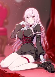 Rule 34 | 1girl, absurdres, alternate costume, black dress, black footwear, blurry, blurry background, blush, breasts, depth of field, dress, frilled cuffs, frills, goth fashion, hand on own chin, highres, hololive, hololive english, kamiya maneki, large breasts, looking at viewer, mori calliope, pink hair, platform footwear, red eyes, sitting, thigh strap, virtual youtuber, wariza